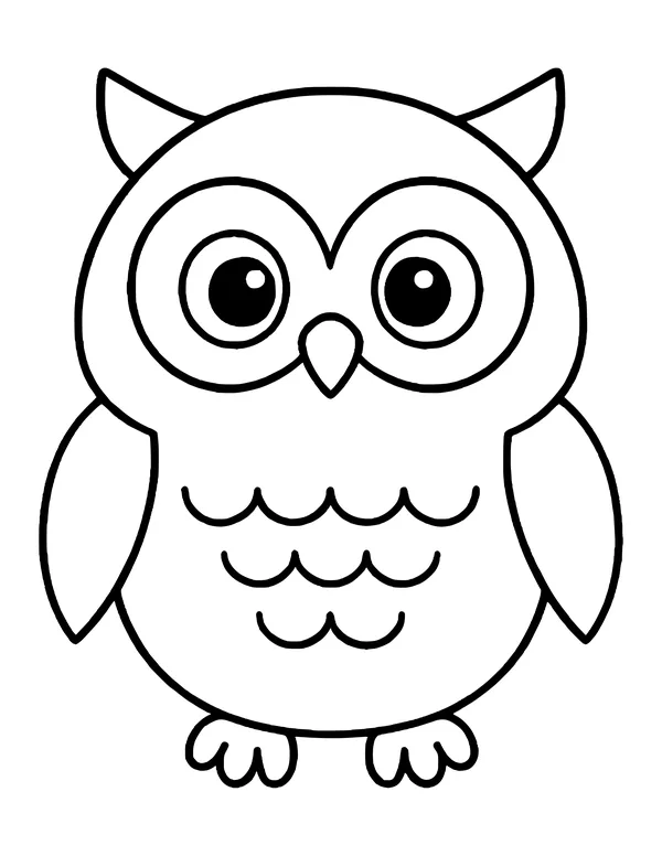 Chubby owl with big eyes, pointed ear tufts, wings held out and three rows of feathers