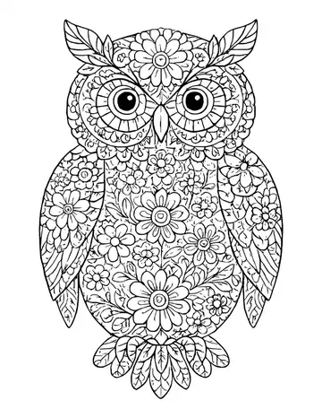 Owl shape filled with flowers and leaves, with patterned eyes and leaf-shaped tail feathers