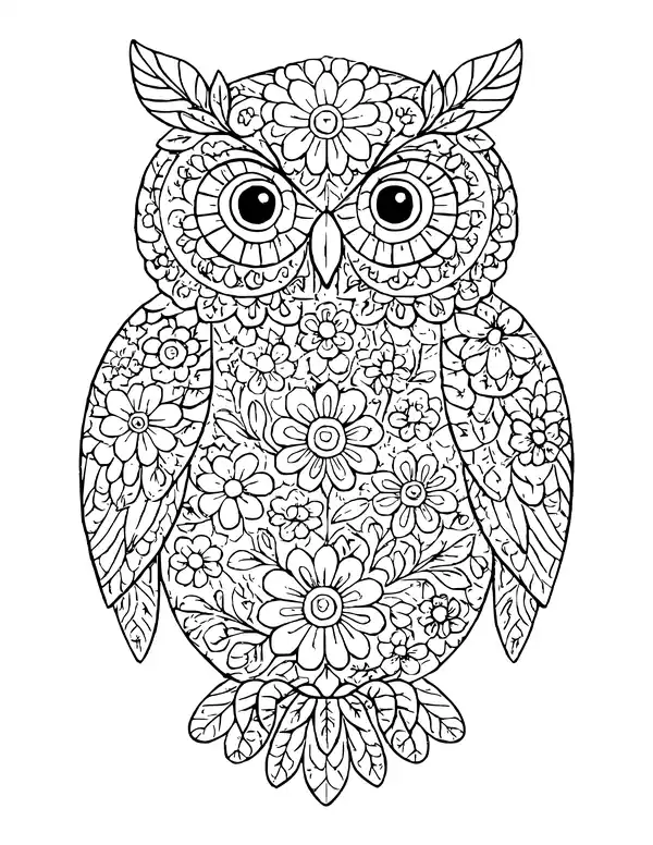 Owl shape filled with flowers and leaves, with patterned eyes and leaf-shaped tail feathers