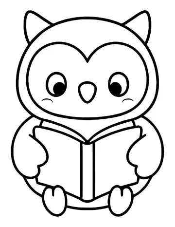 Kawaii owl with rosy cheeks looking down at an open book held in its wings