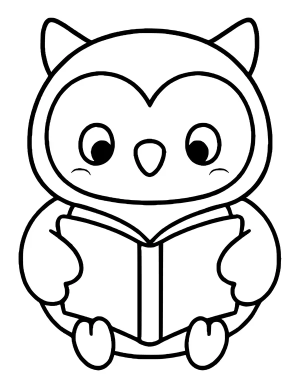Kawaii owl with rosy cheeks looking down at an open book held in its wings