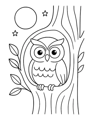 Owl peeking out of a tree hollow with a full moon and two stars in the night sky