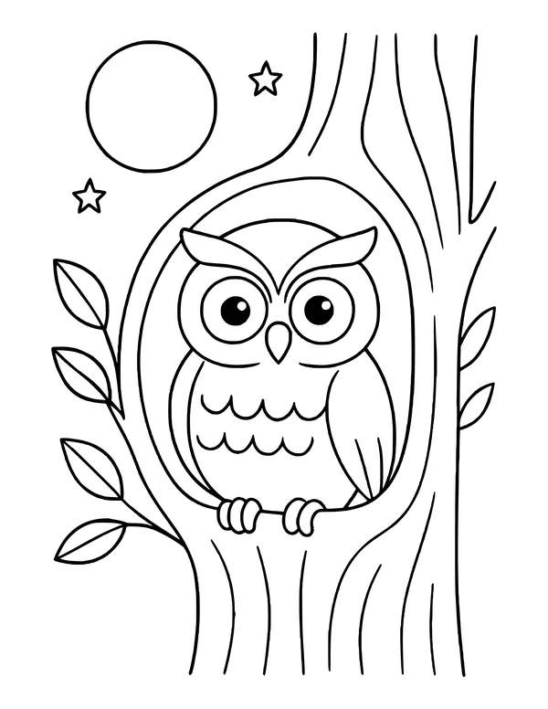 Owl peeking out of a tree hollow with a full moon and two stars in the night sky