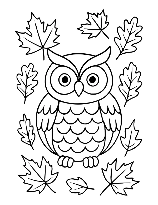 Owl with feather scallops surrounded by maple and oak leaves on all sides