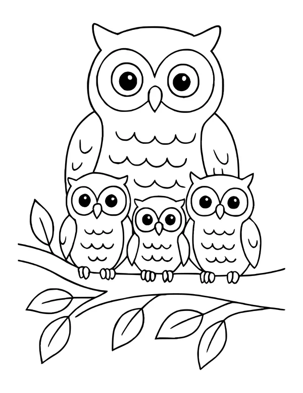 Large owl perched behind three small owlets lined up on a leafy branch
