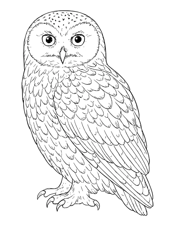 Realistic snowy owl standing on feathered feet, covered in layered scalloped feathers