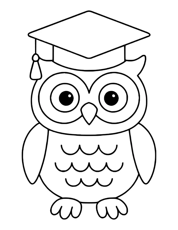 Owl with ringed eyes in a tall graduation cap and tassel, drawn with thinner lines