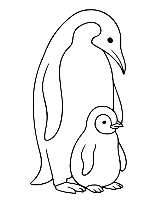 A tall emperor penguin bending its head toward the fluffy chick standing at its feet.