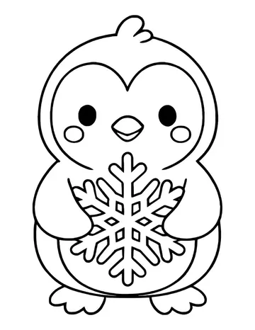 A cute kawaii penguin with a hair tuft and rosy cheeks hugging a large snowflake.
