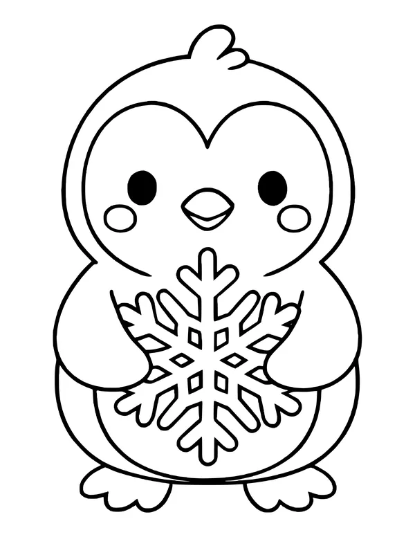 A cute kawaii penguin with a hair tuft and rosy cheeks hugging a large snowflake.