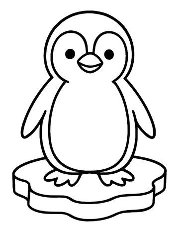 A small cute penguin standing on a rounded ice floe with its flippers by its sides.