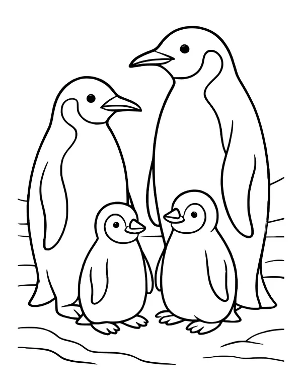 Two adult penguins standing behind two fluffy penguin chicks on snowy ice.