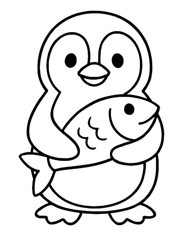 A cute penguin hugging a large fish with scales and a forked tail almost as wide as its body.