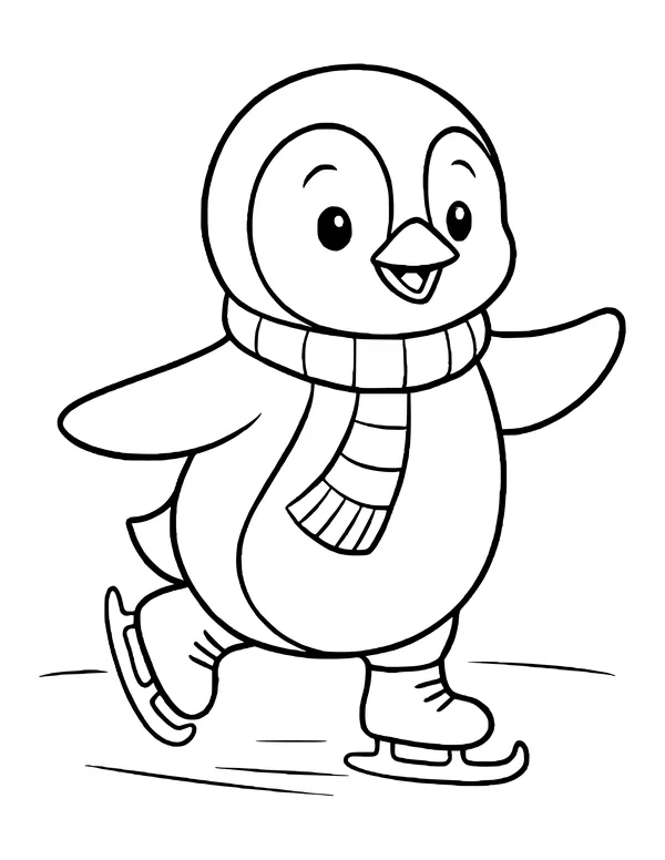 A happy penguin ice skating with flippers out, wearing a striped scarf and skates.