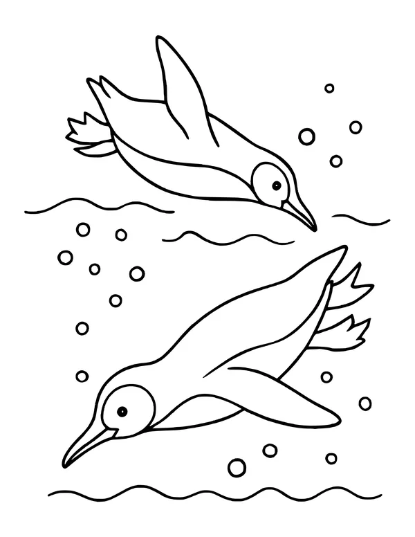Two penguins diving down through the water with flippers stretched back and bubbles around them.