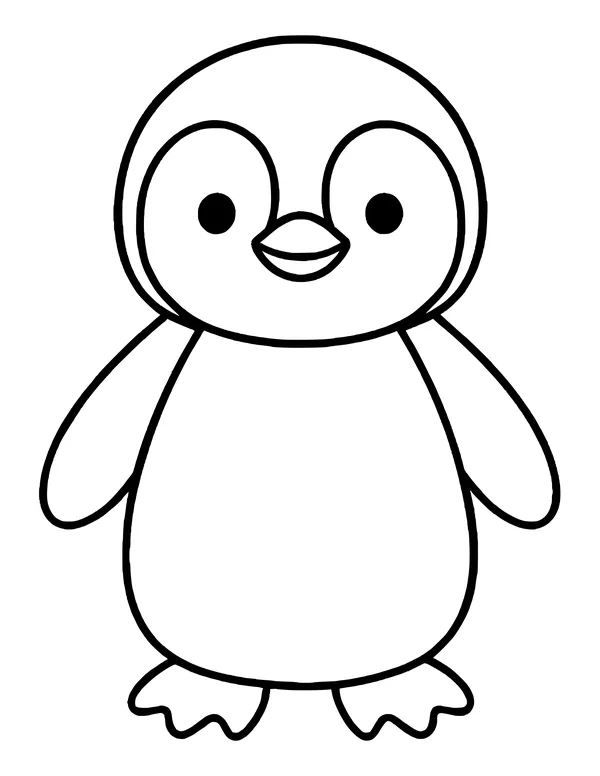 An easy baby penguin with a big round head, dot eyes, a smiling beak and wide flippers.