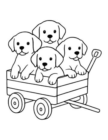 Four puppies peeking over the side of a wooden wagon with spoked wheels and a long handle.