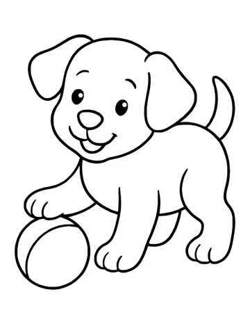A cute puppy with a wide open smile resting one paw on a round ball.