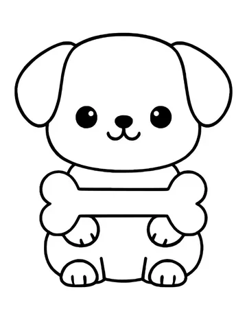 A cute kawaii puppy with big shiny eyes and floppy ears holding a bone across its chest.