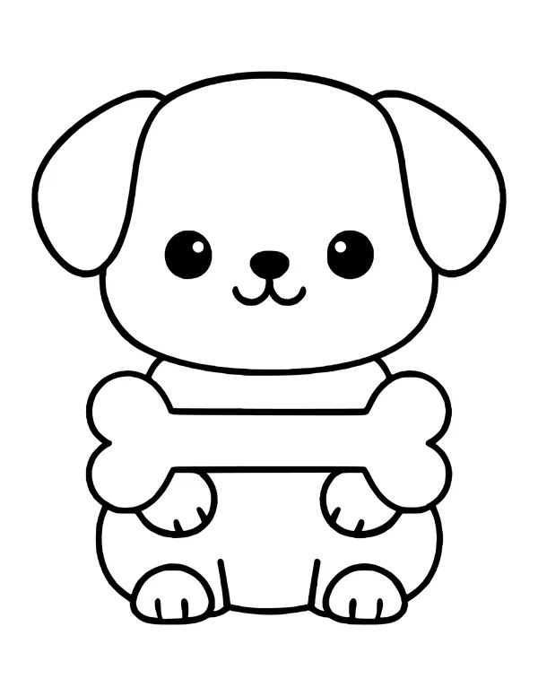 A cute kawaii puppy with big shiny eyes and floppy ears holding a bone across its chest.