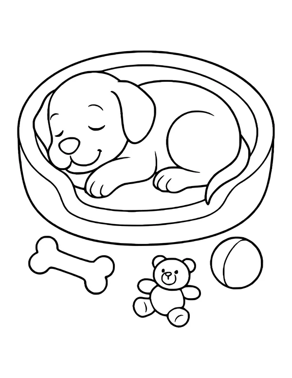 A puppy sleeping with a smile in a round dog bed, with a bone, a teddy bear and a ball on the floor.