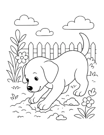 A puppy digging a hole in a garden with a picket fence, flowers and clouds behind.