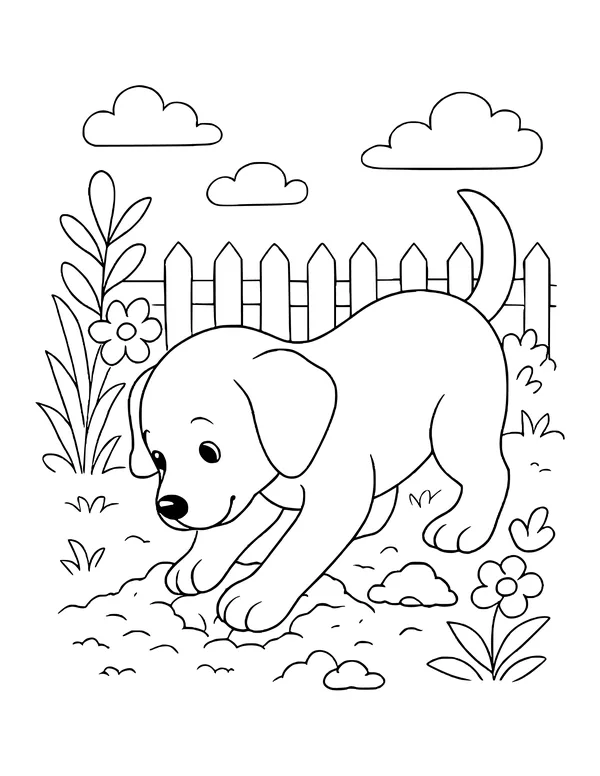 A puppy digging a hole in a garden with a picket fence, flowers and clouds behind.