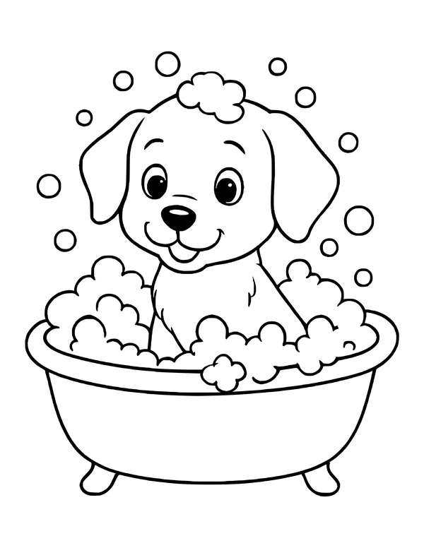 A smiling puppy sitting in a bathtub full of foam, with a bubble pile on its head and bubbles around it.