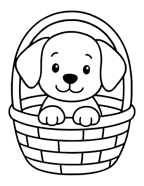 A puppy with its paws over the edge of a basket woven in a brick-like pattern.