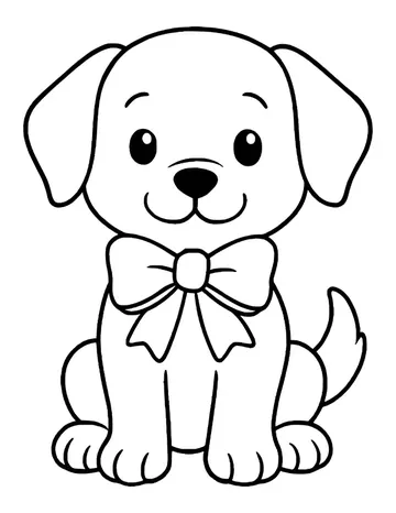 An easy drawing of a sitting puppy with a gentle closed smile, floppy ears and a looped bow at its neck.