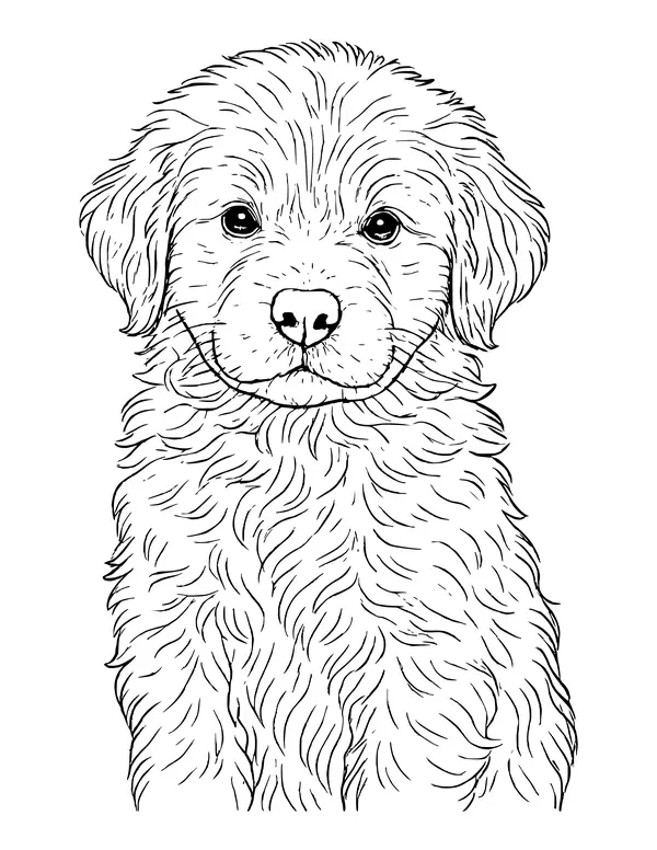 A detailed portrait of a smiling puppy with soft, fluffy fur drawn in fine strokes.