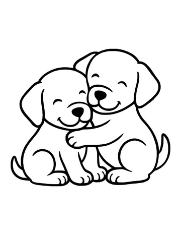 Two cute puppies sitting side by side and hugging with happy closed eyes.