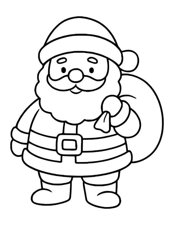 Cute Santa with a round belly holding a big gift bag