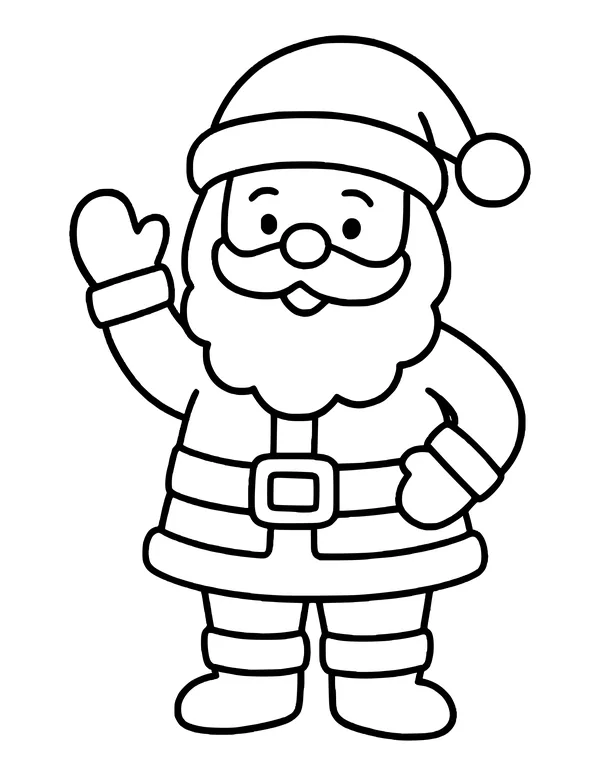 Smiling Santa in his suit and boots, one arm raised