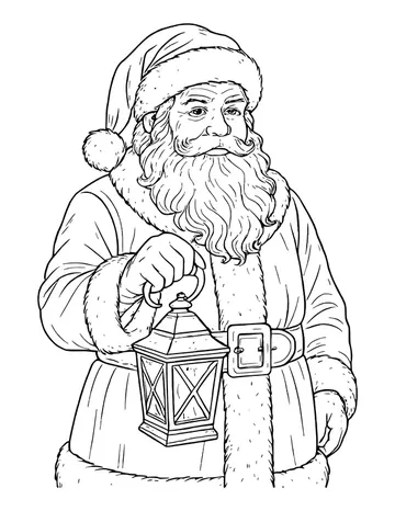 Detailed old-fashioned Santa Claus with a long beard and fur-trimmed coat holding a lantern