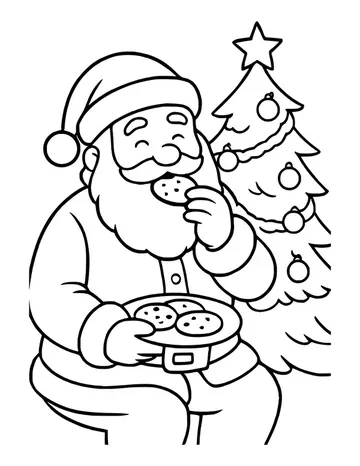 Smiling Santa eating a cookie next to a Christmas tree