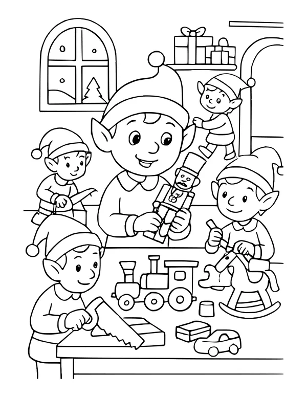 Santa's helpers building wooden toys, trains and teddy bears in a busy workshop