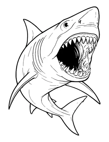 Realistic great white shark lunging forward with a huge open mouth, dark throat and long pectoral fins.
