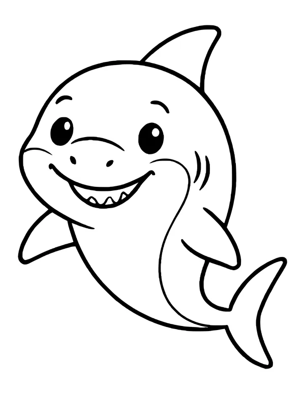 Cute shark facing forward with two big shiny eyes, raised eyebrows, a wide smile and a curved tail.