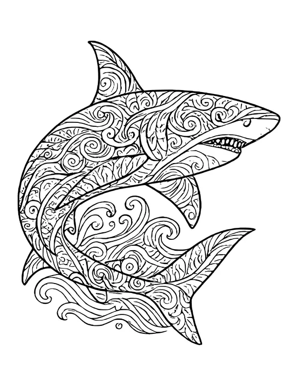Shark filled with swirling wave and leaf patterns, swimming above curling ocean waves.