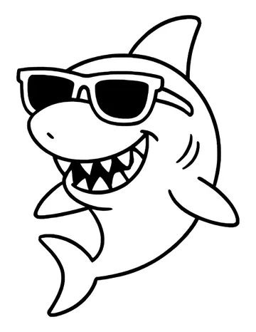 Cartoon shark with dark black sunglasses and a big pointy-tooth grin, waving its fins.