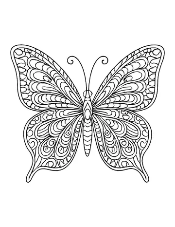 Butterfly with curled antennae and wings full of looping teardrop and paisley swirls inside a bold outline.