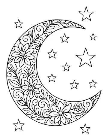 Crescent moon decorated with vines and blossoms, surrounded by many stars of different sizes.