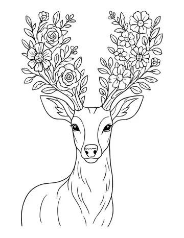 Long-necked deer looking ahead, with tall branching antlers bearing roses, daisies and leaves.