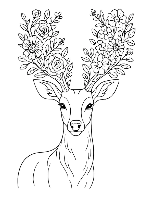 Long-necked deer looking ahead, with tall branching antlers bearing roses, daisies and leaves.