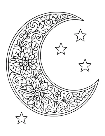 Crescent moon filled with flowers, leaves and swirls, with four plain stars beside it.