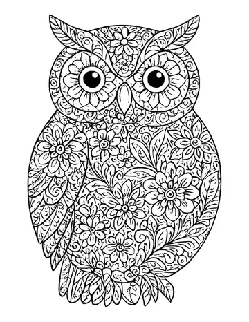 Owl with stern brows and flower-ringed eyes, its body covered in large blossoms, swirls and leaves above a leafy perch.