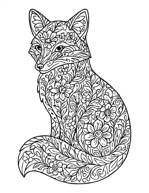 Sitting fox filled with detailed flowers, leaves and swirls
