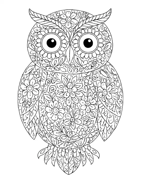 Owl filled with small flowers and leaves, big round eyes ringed with petals, leaf-shaped wings and feathered feet.