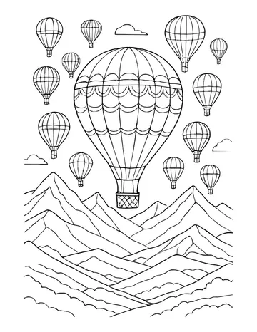 One large patterned hot air balloon among a dozen smaller balloons floating above layered mountain ridges.